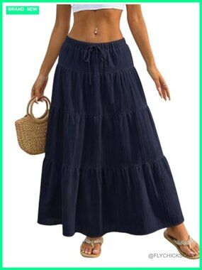Boho Maxi Skirt Flowy Ruffle Long Elastic Waist Beach Summer